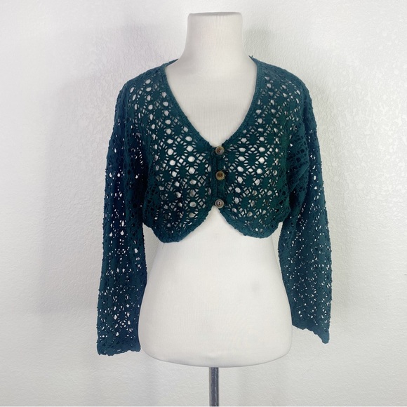 Vintage Tops - Vintage Aqua Blues Green Crochet Cropped Sheer Top